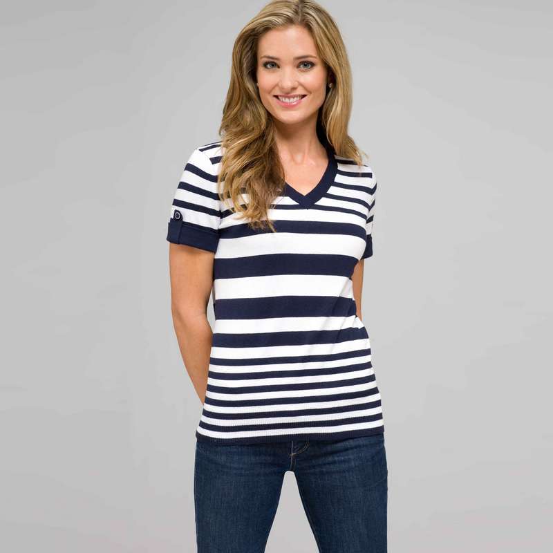 Striped Sleeve V-Neck Roll Cuff Tee, swiss navy & white, large image number 0